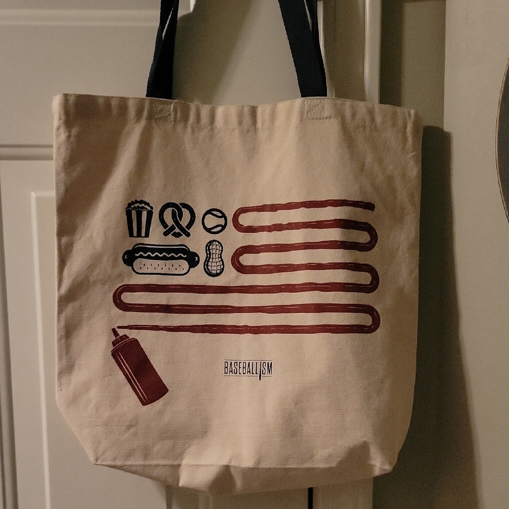 BASEBALLISM AMERICANA PICNIC FLAG TAN TOTE BAG WITH NAVY BLUE STRAPS